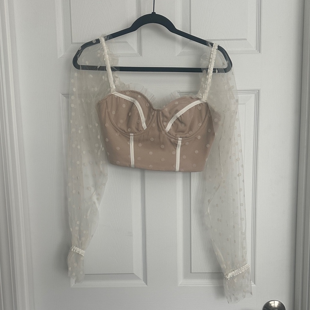 Hello Molly Beige Sheer Sleeve Blouse